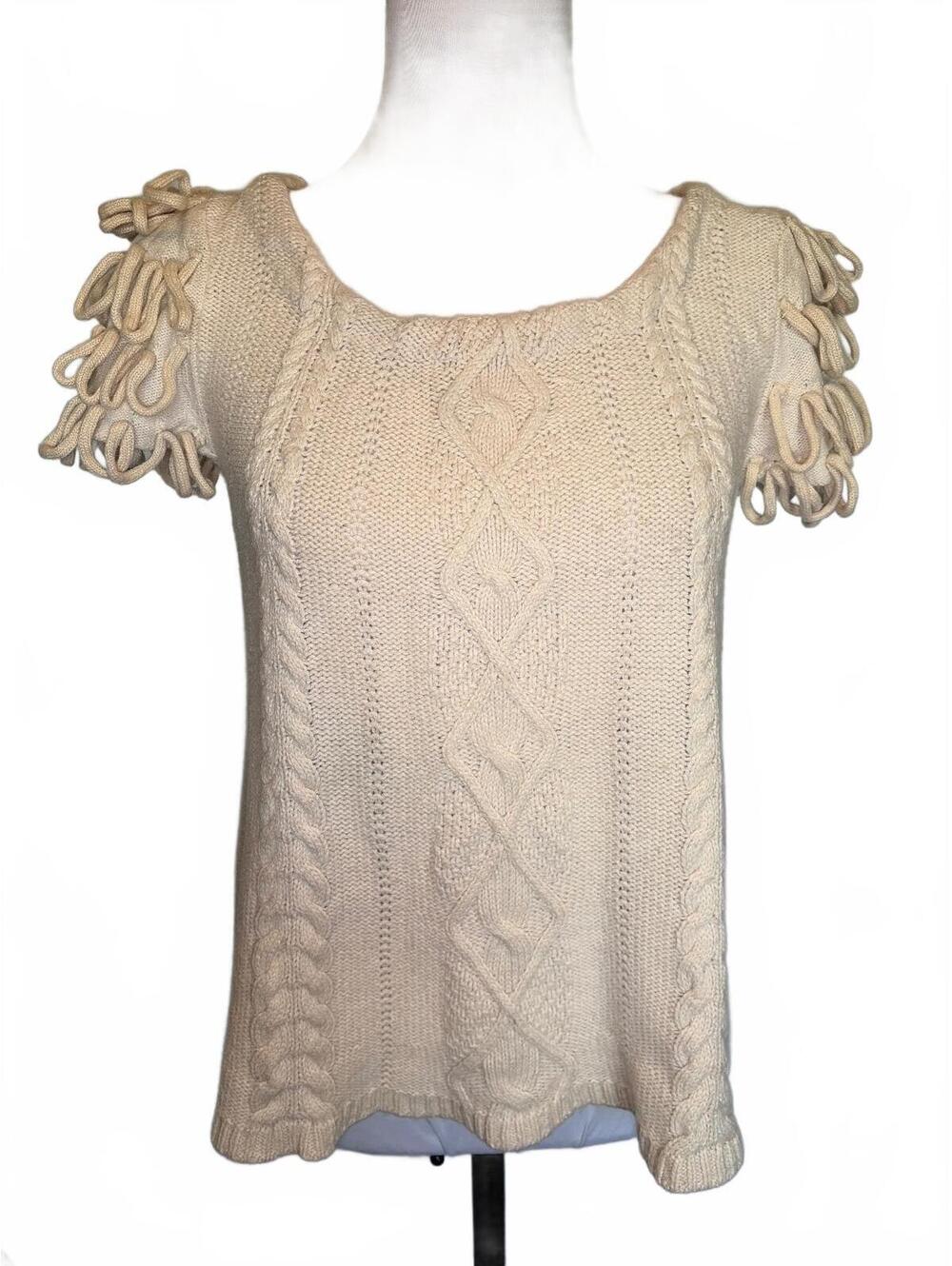 Anthropologie XS Cream Angora Wool Short Sleeve Cable Knit Sweater Boho Fairy